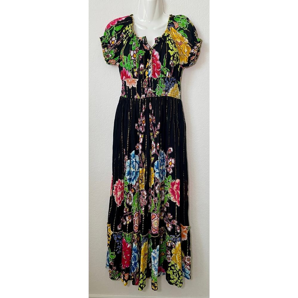 Me 2 Magic Anthropologie Boho Floral With Metallic Accents Maxi Dress Size SM